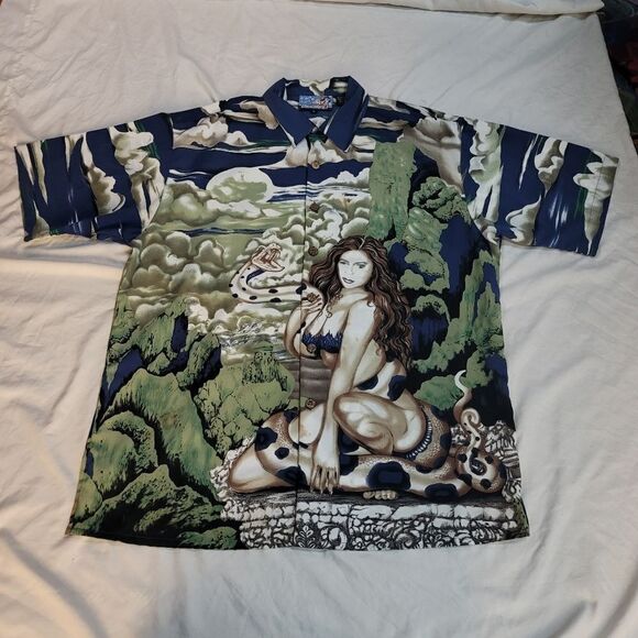 Vintage 90s DragonFly XL Hawaiian shirt with wood buttons, ft. Woman with snake